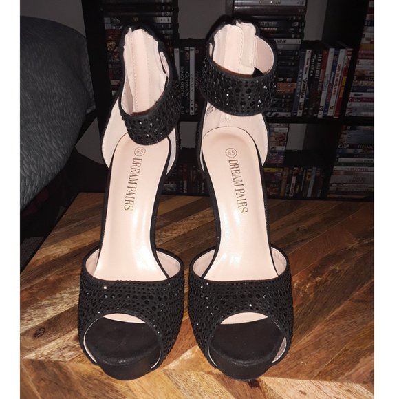SOLD DREAM PAIRS Black Pearl Shine Swan Platform Pump Peep Toe High Heels - 5 in - Picture 10 of 16